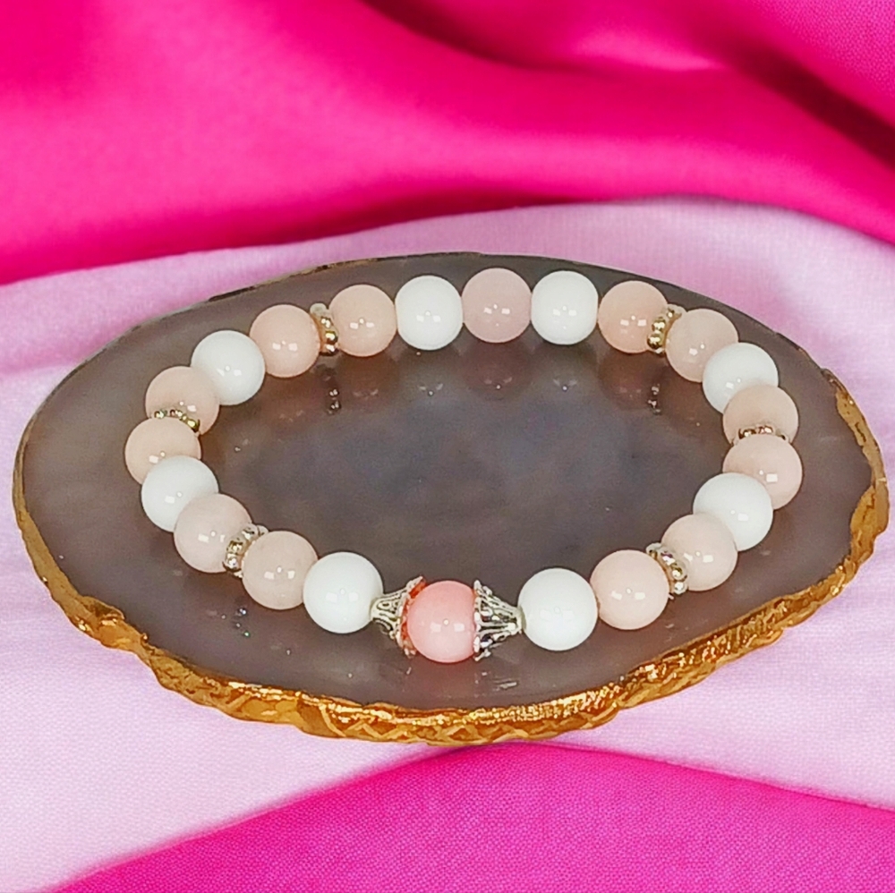 White Onyx Powder Pink Jade Bracelet New Preppy Coquette Dollette Pink Parisian